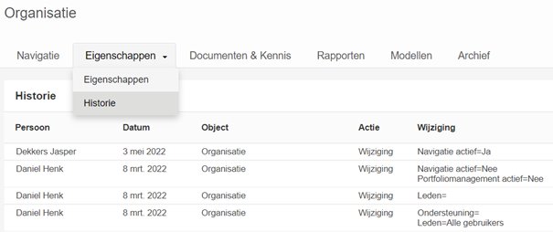 Historie in FCC onder tab Eigenschappen in een Organisatie-eenheid