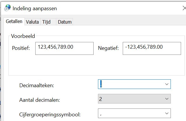 Regio-instellingen: Scheidingstekens instelling aanpassen