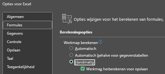 Optie formules handmatig herberekenen in Excel