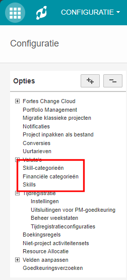 Skill-categorieën en Skills zijn te vinden onder Configuratie in FCC