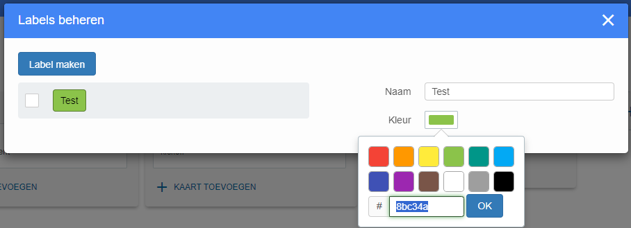 Label popup-venster in FCC waar je naam en kleur kunt aanpassen