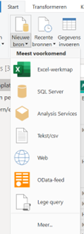 Power BI, menu Start > Nieuwe bron. In de lijst zie je de OData-feed