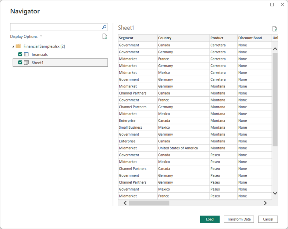 Navigator scherm van Power Query Editor dat je ziet bij het inladen van data in Power BI