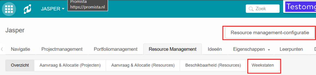 sub-tab Weekstaten en knop Resource management-configuratie voor Tijdschrijven in FCC