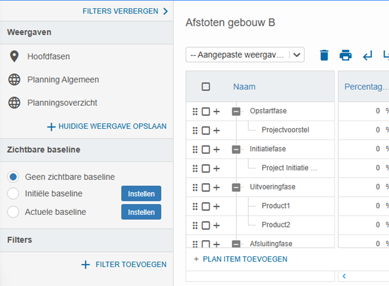 Filter-opties in oude Gantt-weergave in FCC