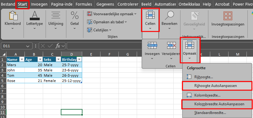 Excel rijhoogte en kolombreedte autoaanpassen